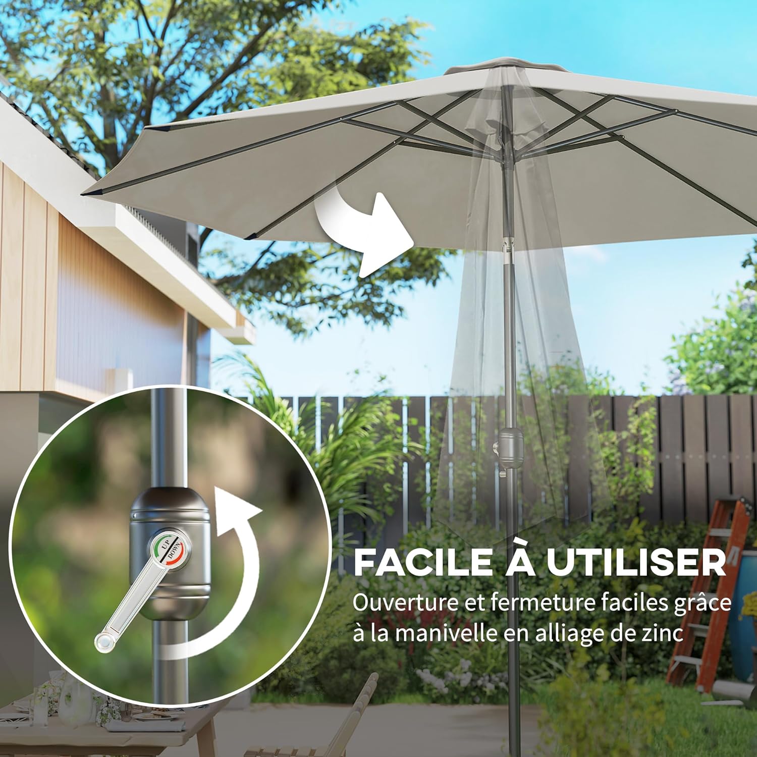 Thumbnail 3 de Outsunny Parasol de jardin extérieur droit inclinable Ø 2,95 m – Gris clair, métal et toile 180 g/m²