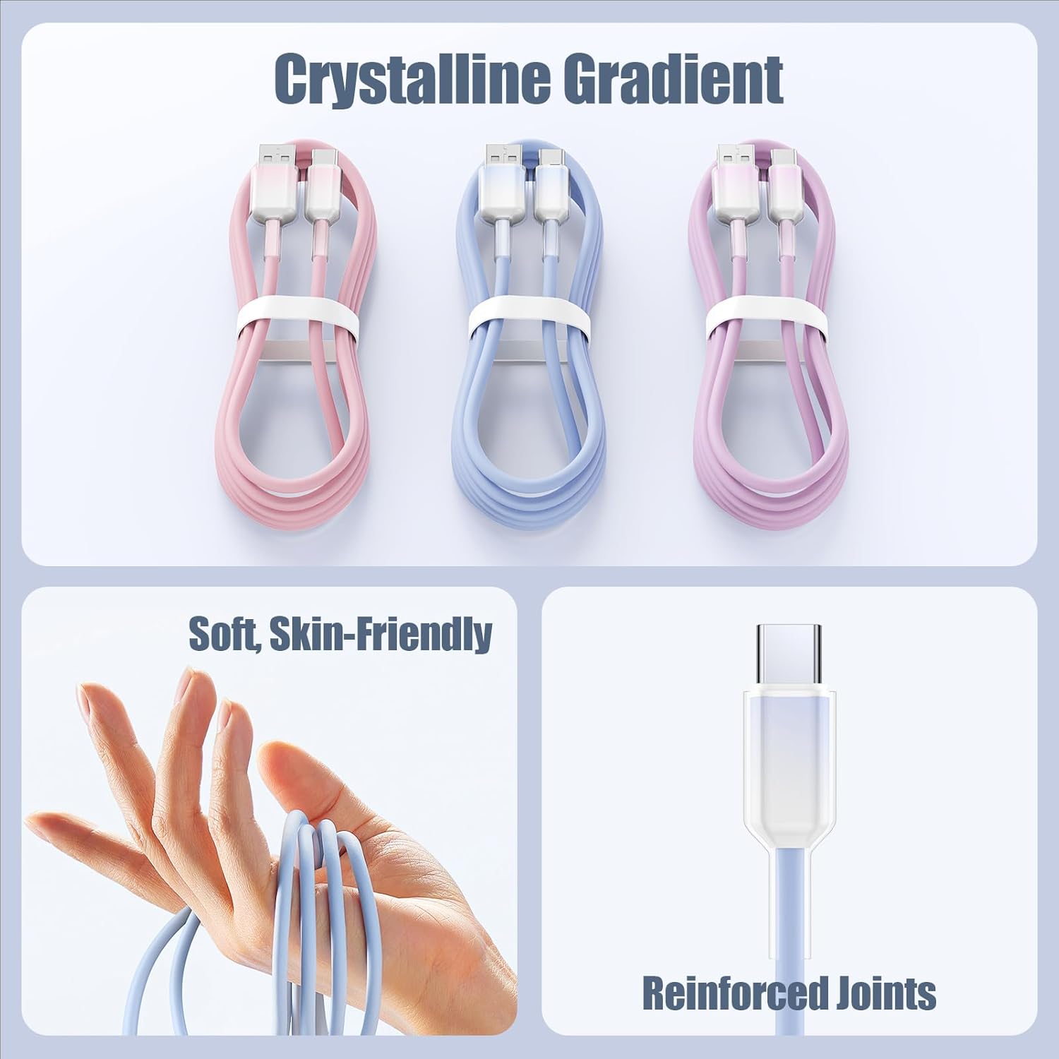 Detalle de USB C to USB C Cable 3 Pack 3FT/1M — 60W Fast Charging (Pink, Purple, Blue)