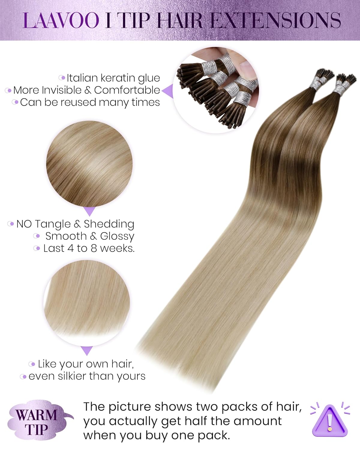 Detalle de LaaVoo I Tips Real Human Hair Extensions – Balayage Brown to Ash Blonde (18in, 50g, 60s)