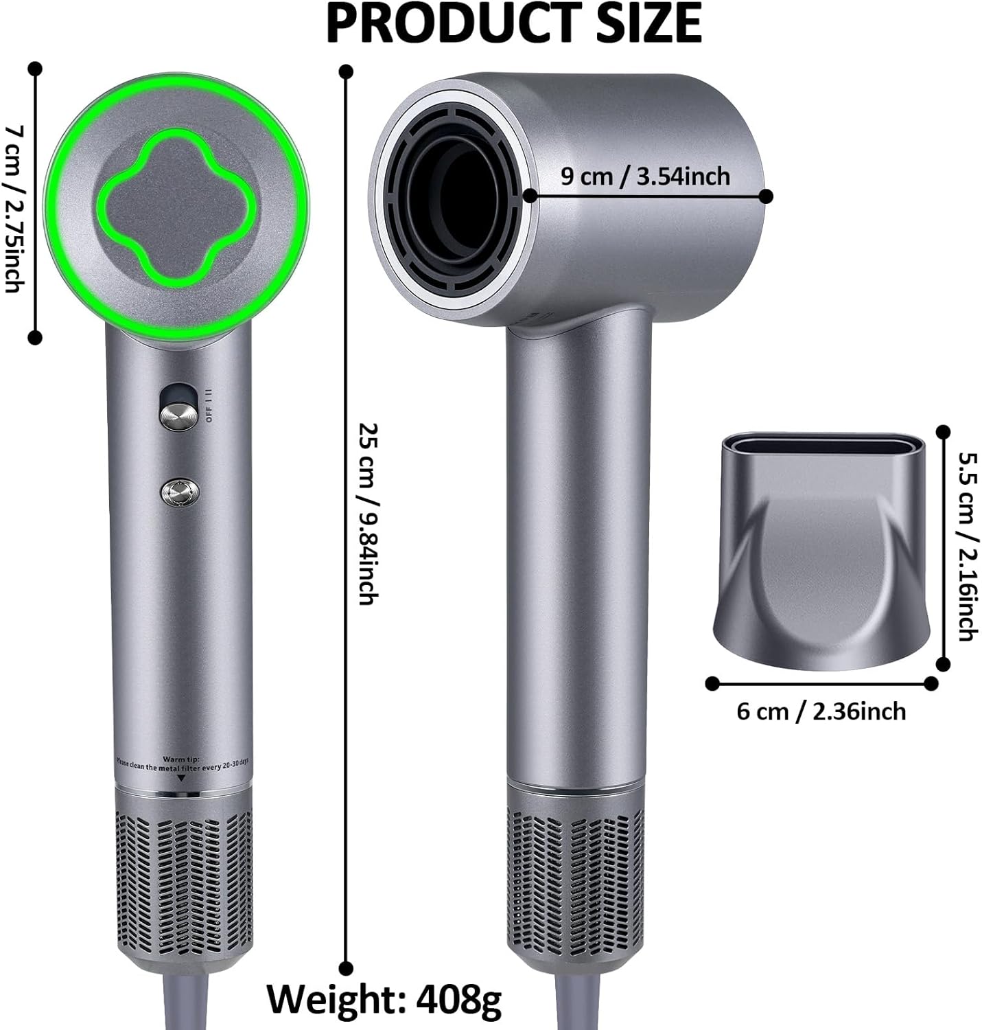 Detalle de ZCYLPT Hair Dryer — 1600W, 110,000 RPM Brushless Motor, 200 Million Negative Ions, Low-Noise Travel Model