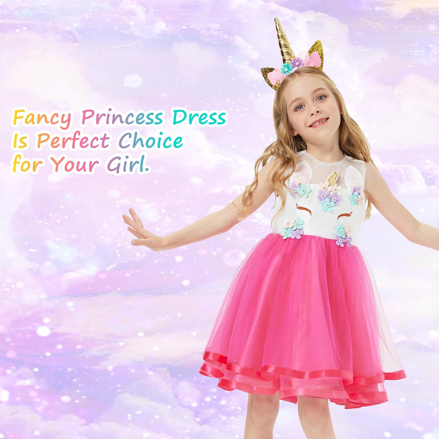 Detalle de URAQT Vestito da principessa per bambina con collana e fascia – unicorno e arcobaleno, per cosplay e feste