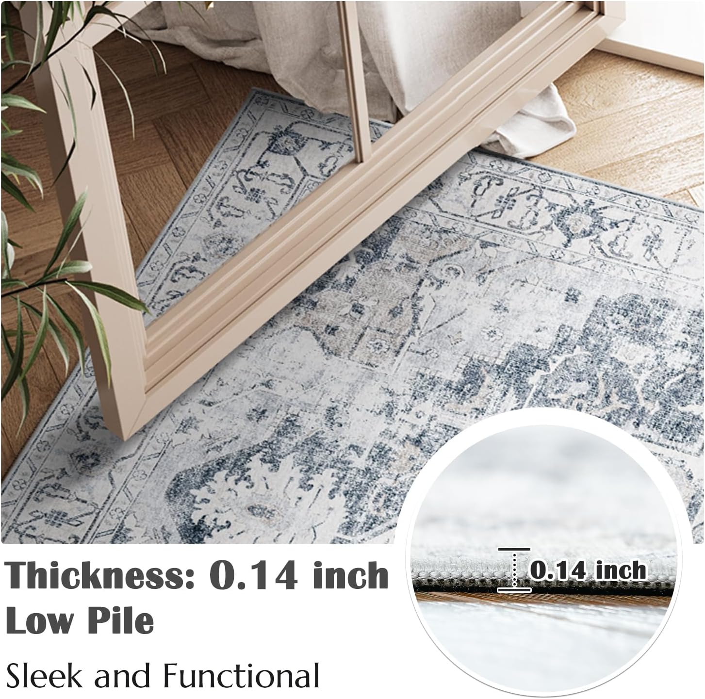 Detalle de JINCHAN 2' x 6' Washable Runner Rug, Vintage Grey Floral Print, TPR Backing