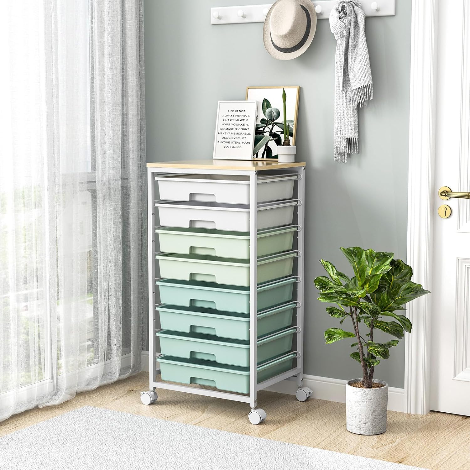 Detalle de SYKIARIOL 924-GN Utility Cart with 8 Drawers, Light Green, Wooden Top