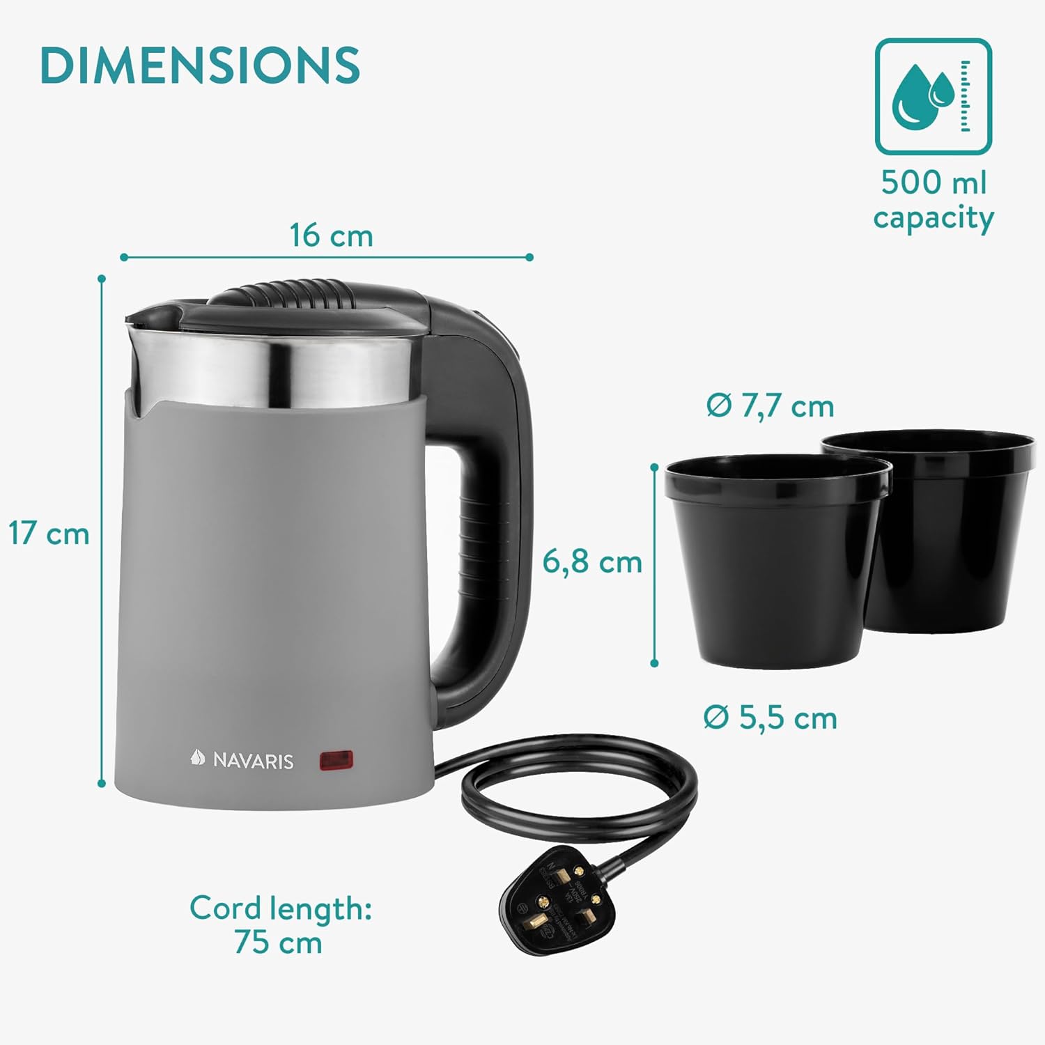 Thumbnail 4 de Navaris Compact Electric Travel Jug (0.5L) Dual Wall Kettle with Boil Dry Protection – 1100W Grey