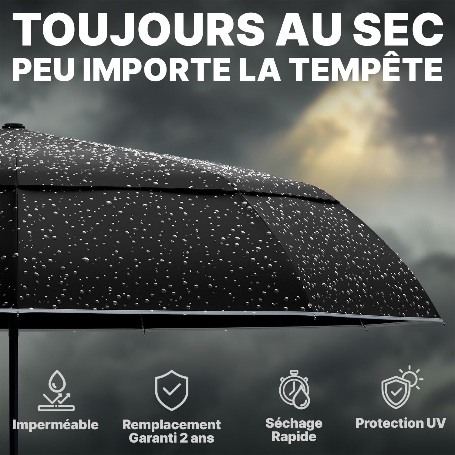 Thumbnail 6 de Royal Walk – Parapluie de voyage pliable coupe-vent double toile ventilée, poignée en bois véritable (Noir, L)