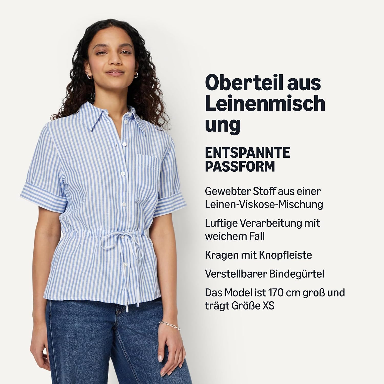 Detalle de Amazon Essentials Damen Leinen-Bluse mit Verstellbarem Tailleband