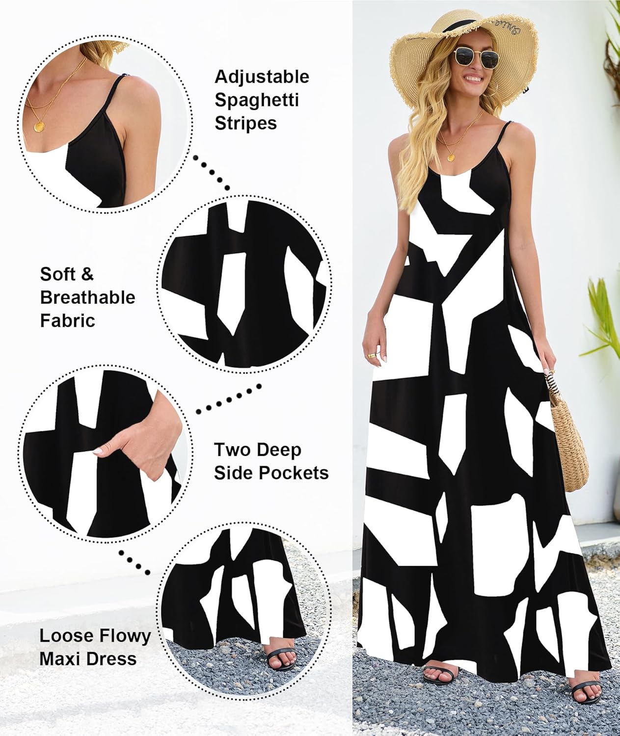 Detalle de Wolddress Women's Maxi Dress with Pockets (2026) – Adjustable Straps, Floor-Length, Plus Size