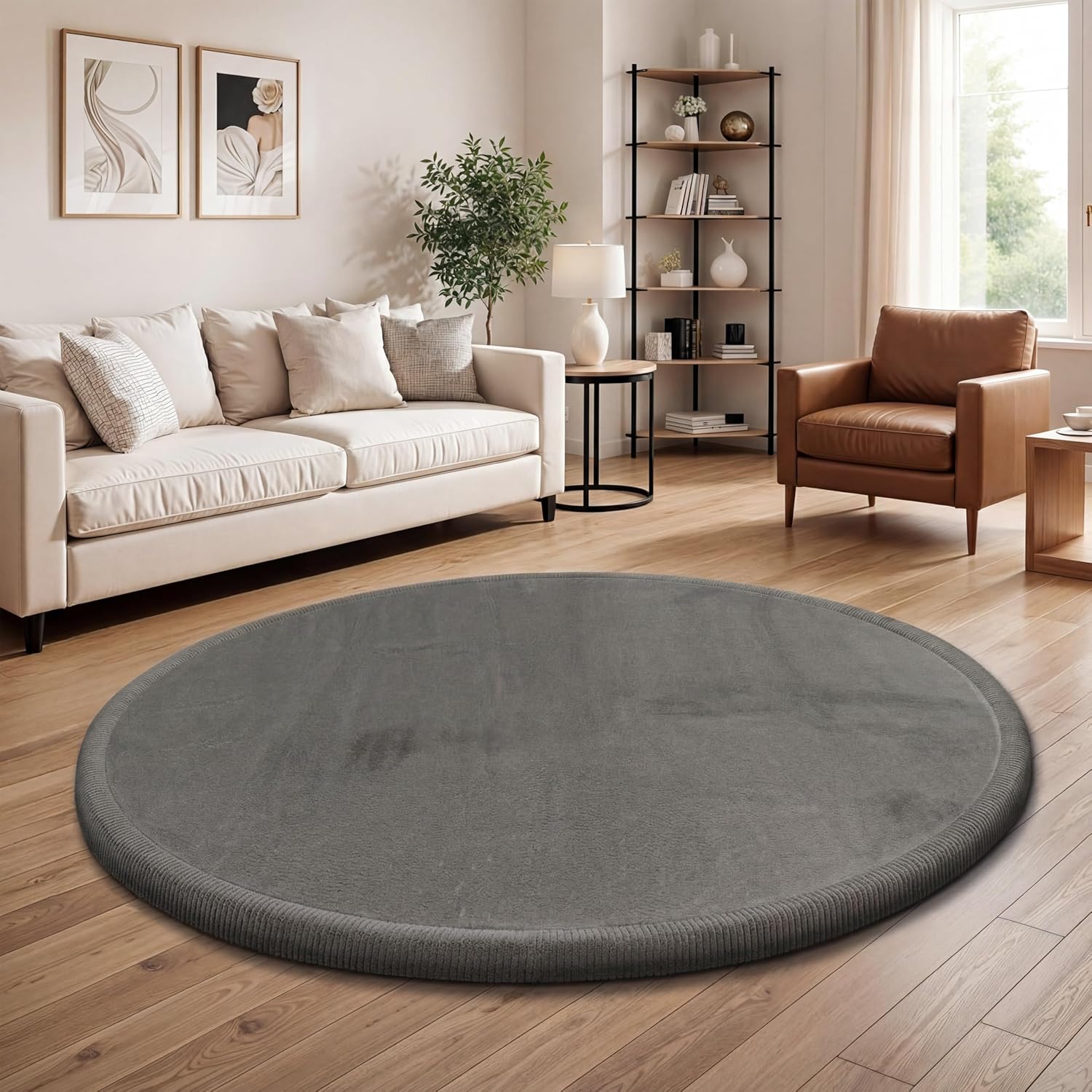 Detalle de Paco Home Rund-Teppich Kinderzimmer 160 cm in Grau – weiche Krabbeldecke für Baby & Spielbereich