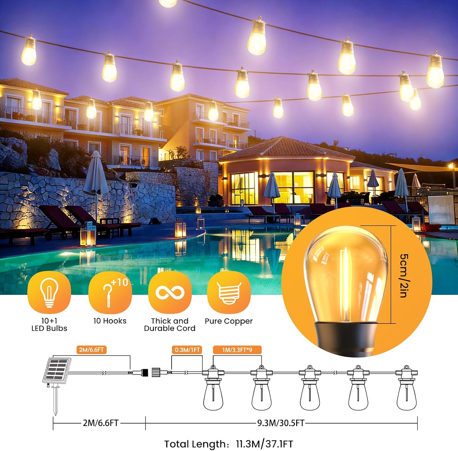 Detalle 2 de GlobaLink Catena Luminosa Esterno Solare con Controller, 10 LED S14 11 m e 4 modalità