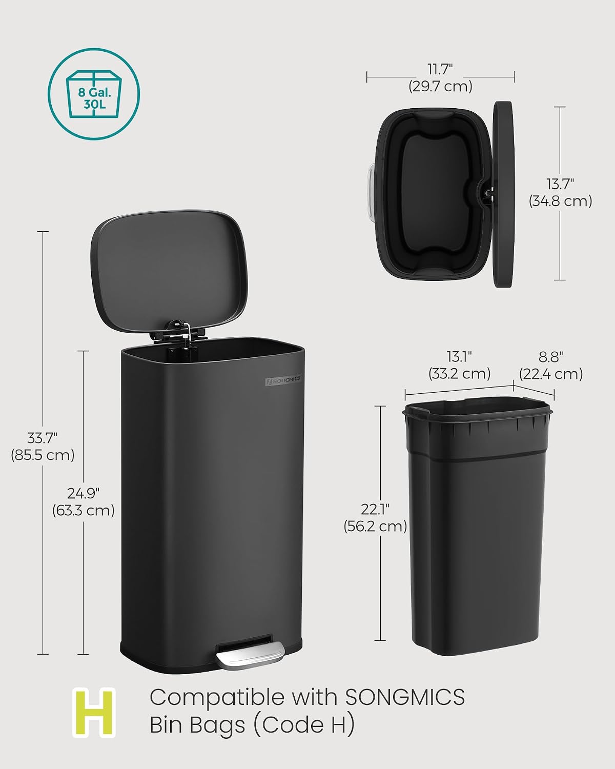 Thumbnail 5 de SONGMICS LTB03BK 30 L Kitchen Bin with Soft-Close Lid and Steel Finish
