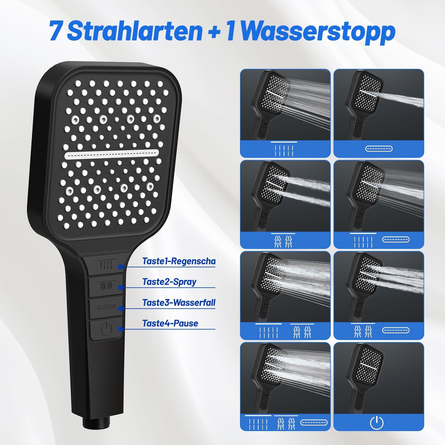 Detalle 2 de VEHHE Duschkopf mit 7 Strahlarten, Regendusche und Stopptaste (½")
