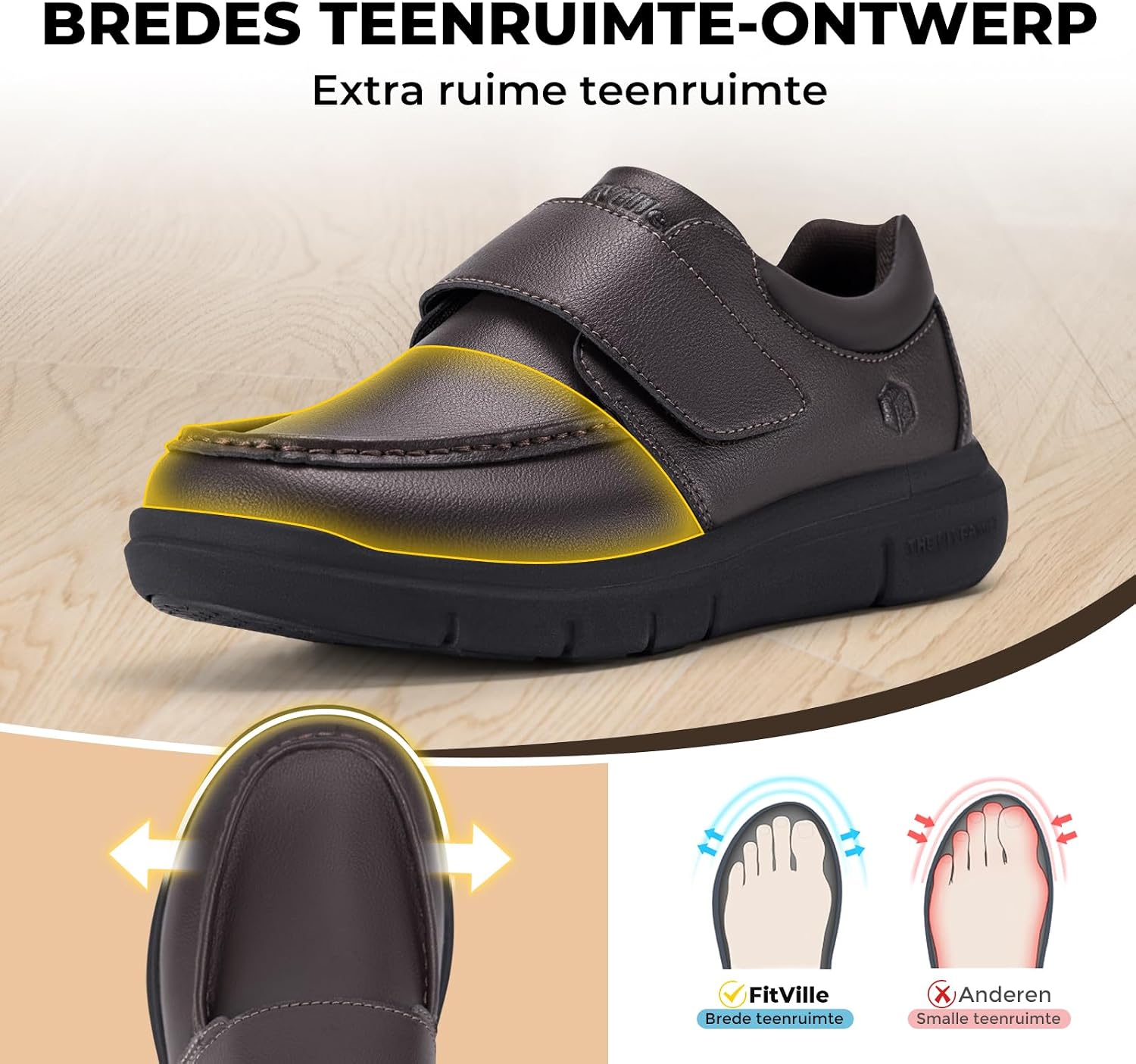 Thumbnail 2 de FitVille V2 extra brede leren herenschoenen met verstelbare klittenbandsluiting
