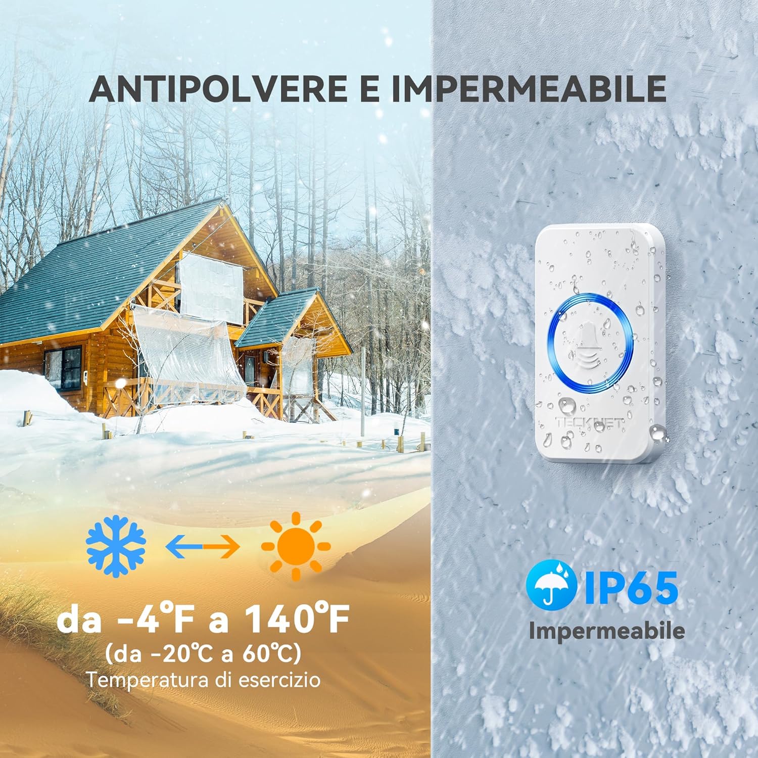 Thumbnail 3 de TeckNet Campanello Wireless Impermeabile da Esterno 400 m, 60 Melodie e 5 Volumi – Kit con Trasmettitore IP65 e Ricevitore Plug-in