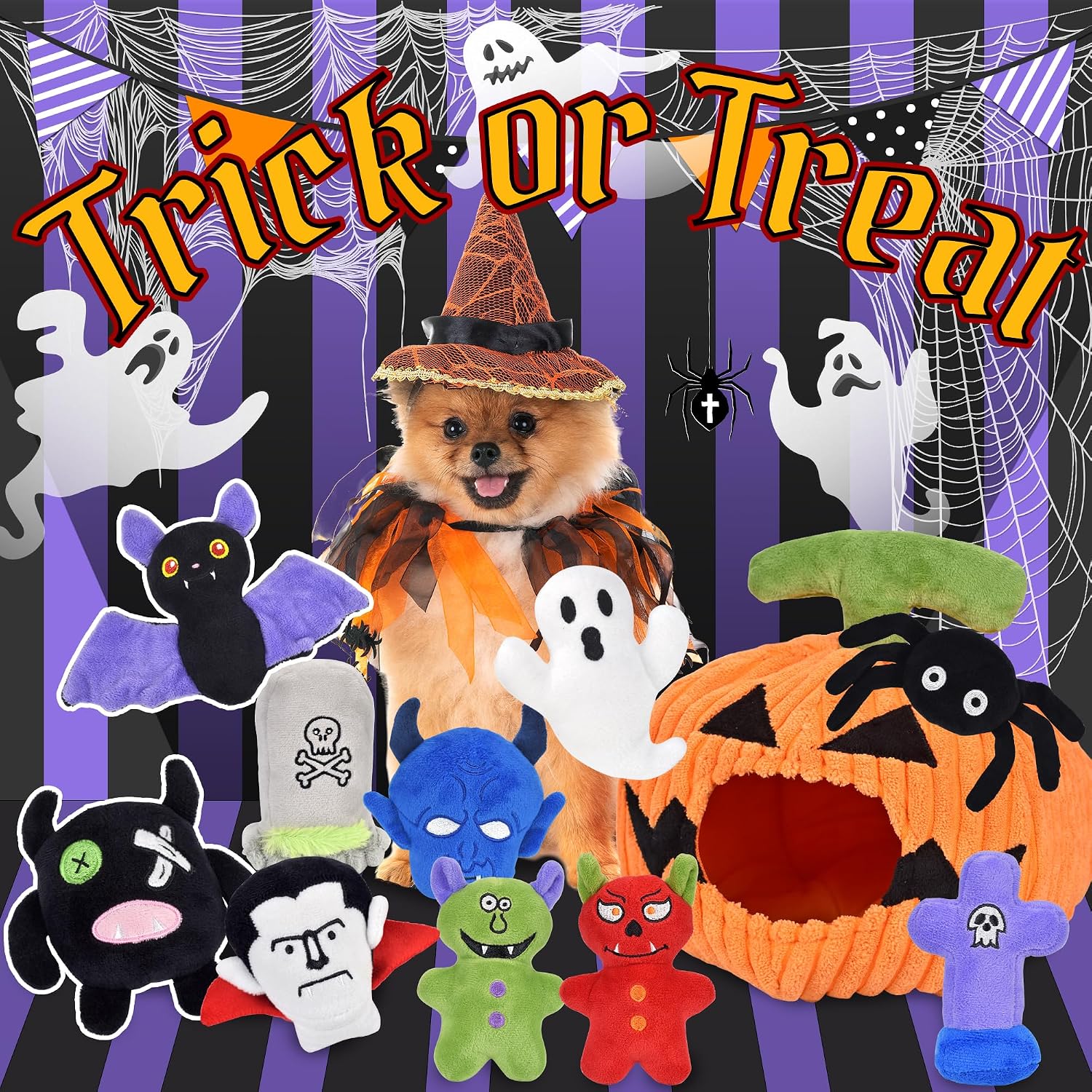 Thumbnail 5 de LECHONG Halloween Dog Toys Set, 11 Squeaky Toys with Pumpkin Organizer