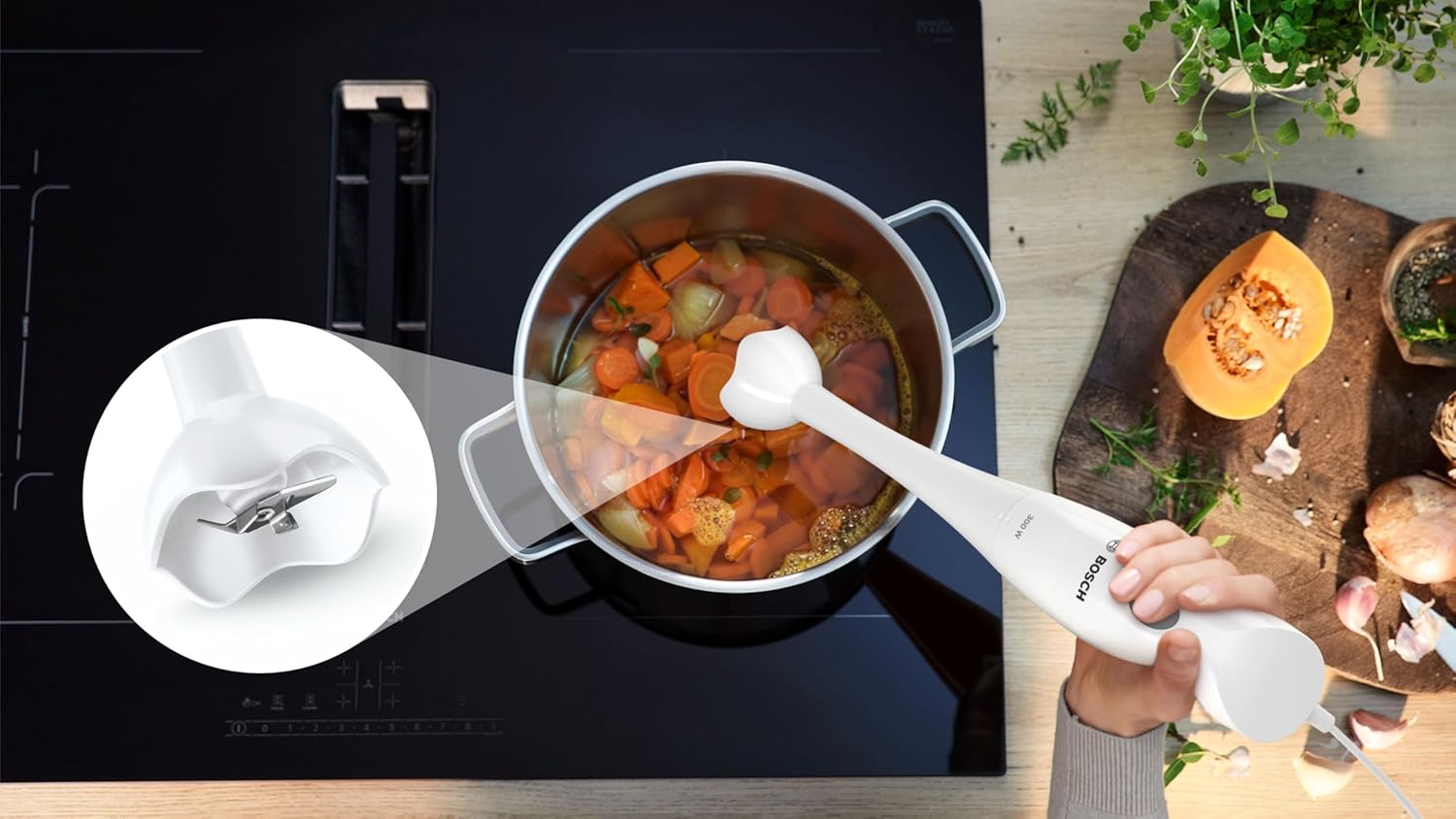 Detalle de Bosch Frullatore a Immersione MSM6B150, 300 W, impugnatura ergonomica, lama in acciaio inox e piede removibile lavabile