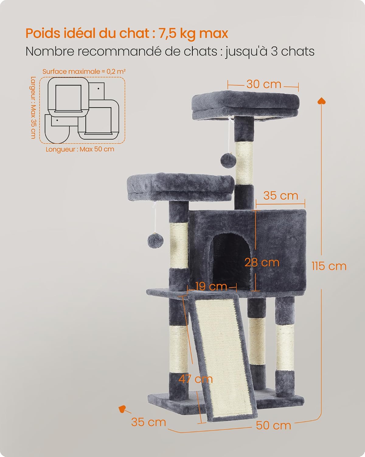 Detalle de FEANDREA Arbre à Chat 115 cm – Tour poteaux à gratter Gris Anthracite PCT141G01