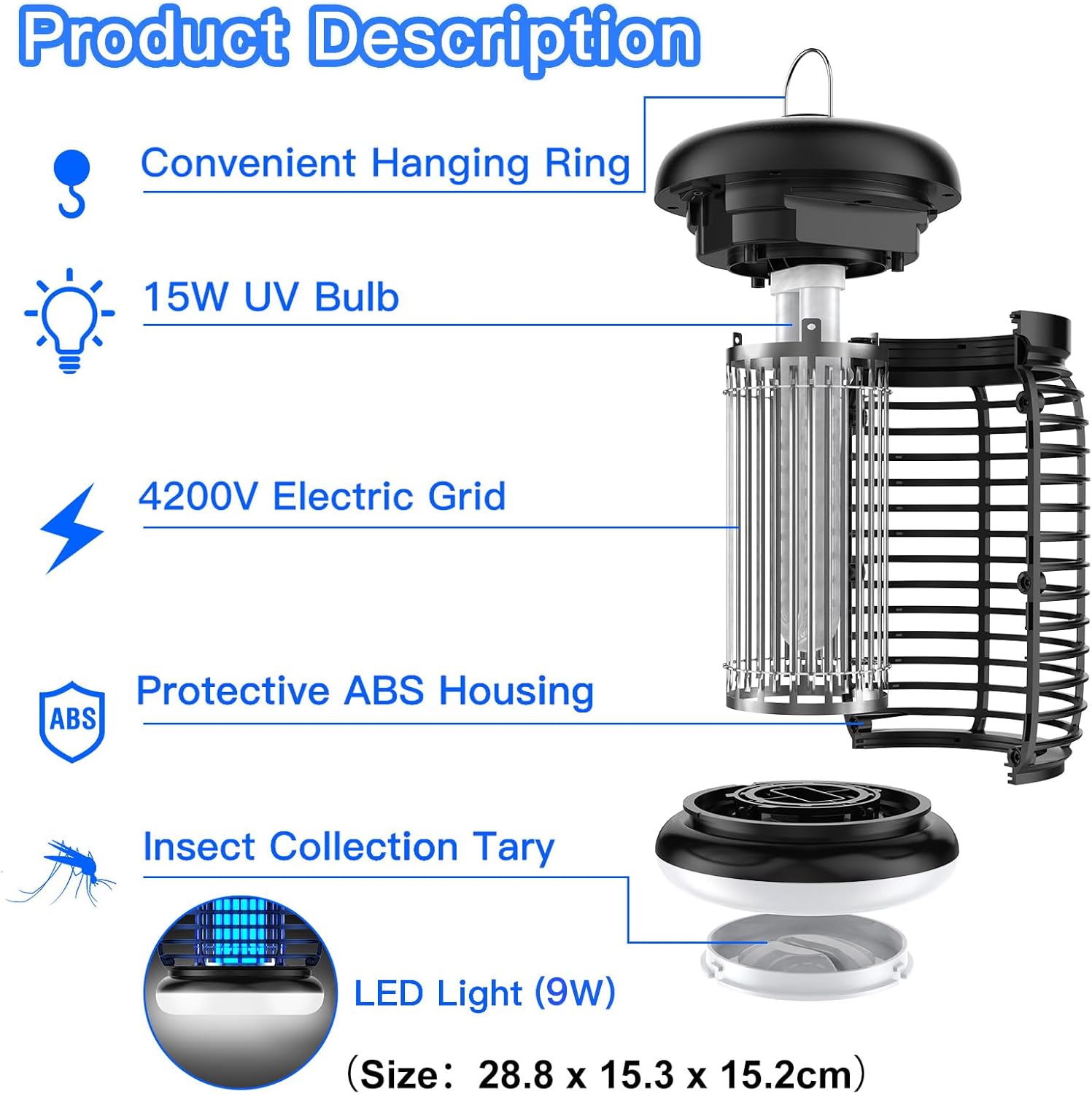 Thumbnail 6 de WUEAOA elektrischer Insektenvernichter mit UV-LED, 3-m-Kabel und 4200V-Gitter – für Innen & Außen (IPX4)