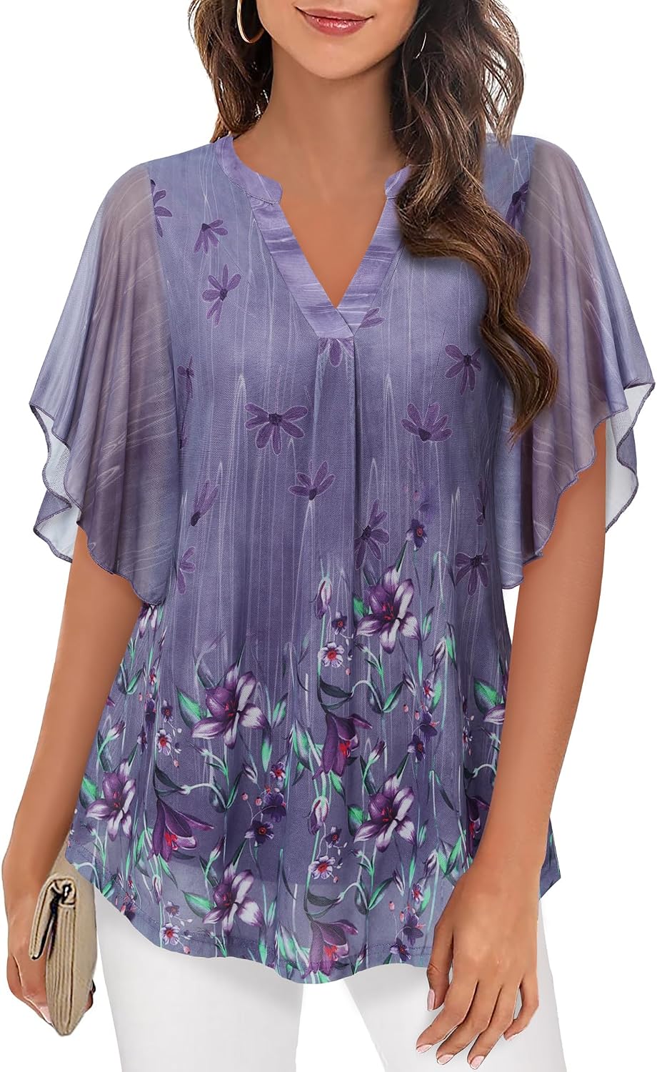 Detalle de Vafoly Damen Bluse Kurzarm Tunika mit V-Ausschnitt und Mesh-Optik