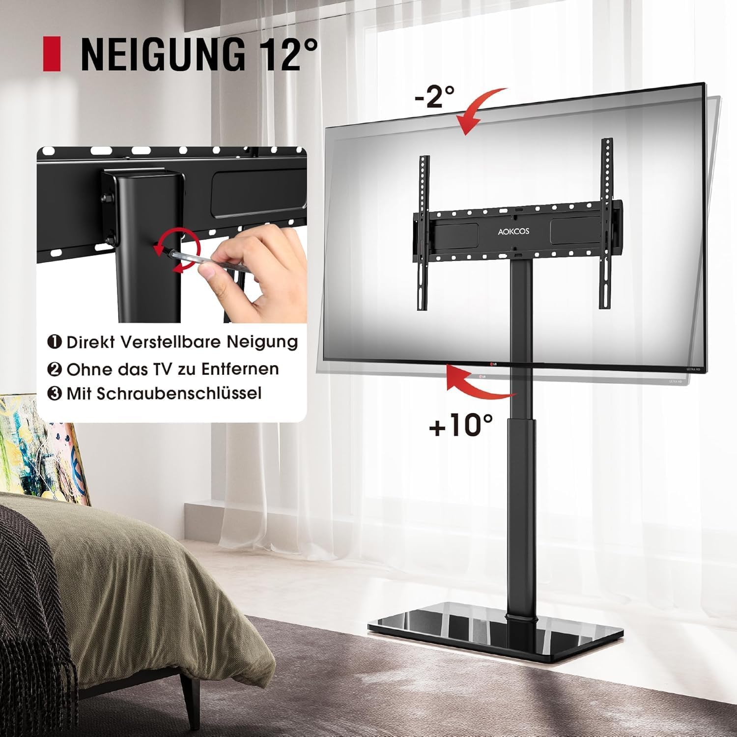 Detalle de AOKCOS TV Ständer Bodenständer – Höhenverstellbar 1,6 m, Neig- und Schwenkbar, VESA 600x400, max 50 kg