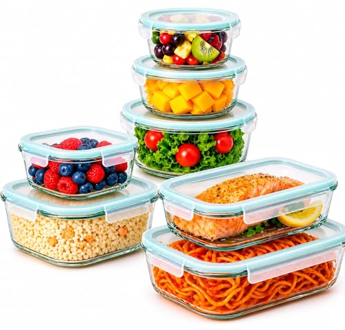 Detalle de edihome Recipientes de Cristal para alimentos, 14 piezas: set hermético con tapas y borosilicato, apto lavavajillas, congelador y microondas