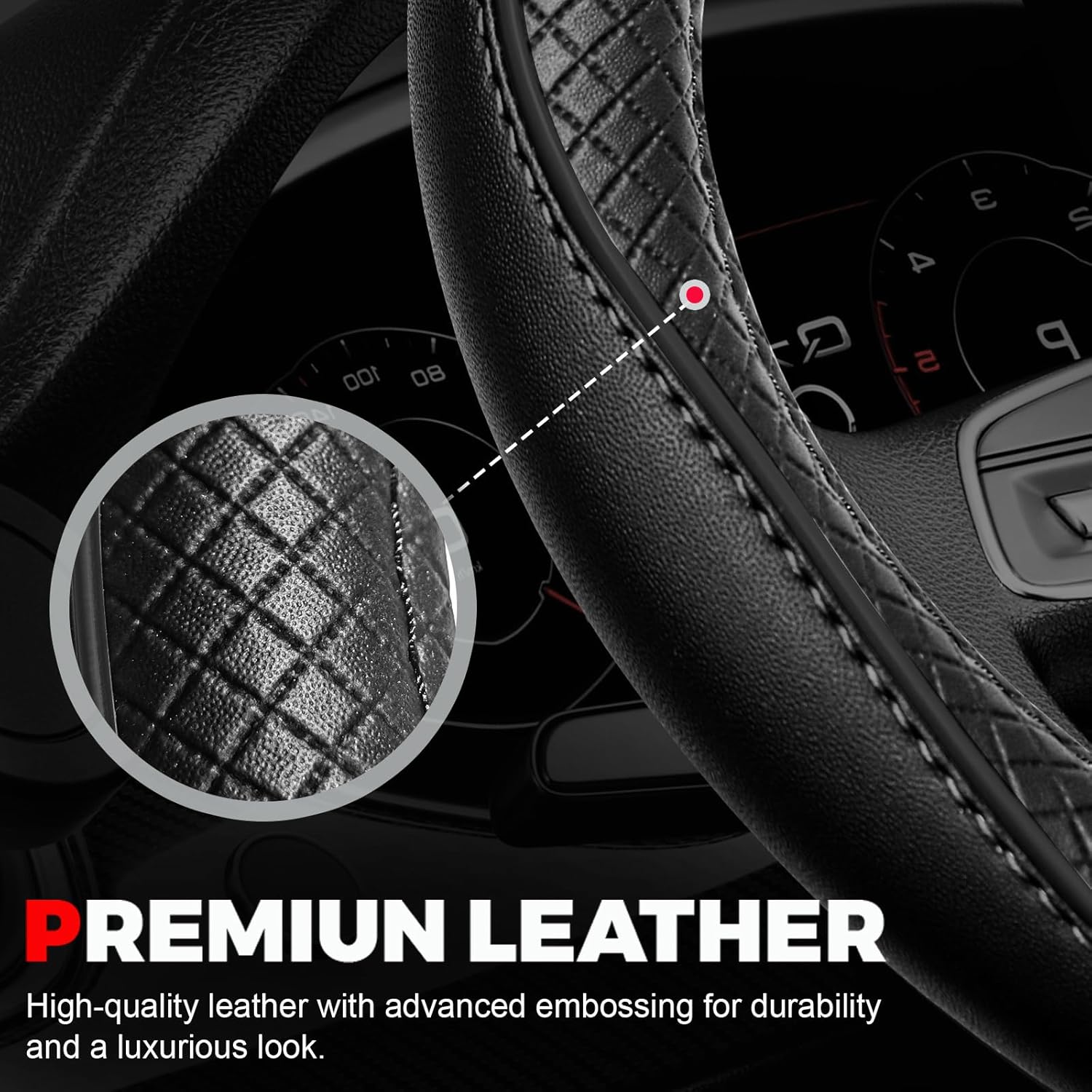 Detalle de Ouzorp Car Steering Wheel Cover (Universal 14.5–15 in) in Black Microfiber Leather