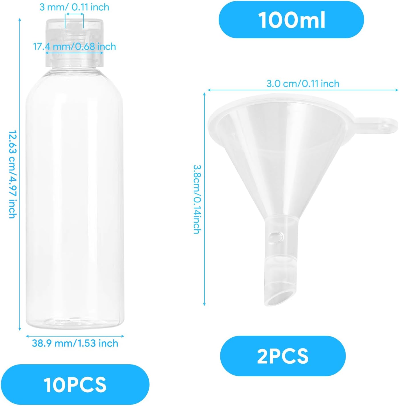 Detalle 2 de Trukafie reisflessen van 100 ml, set van 10 met trechter en lekvrije doppen