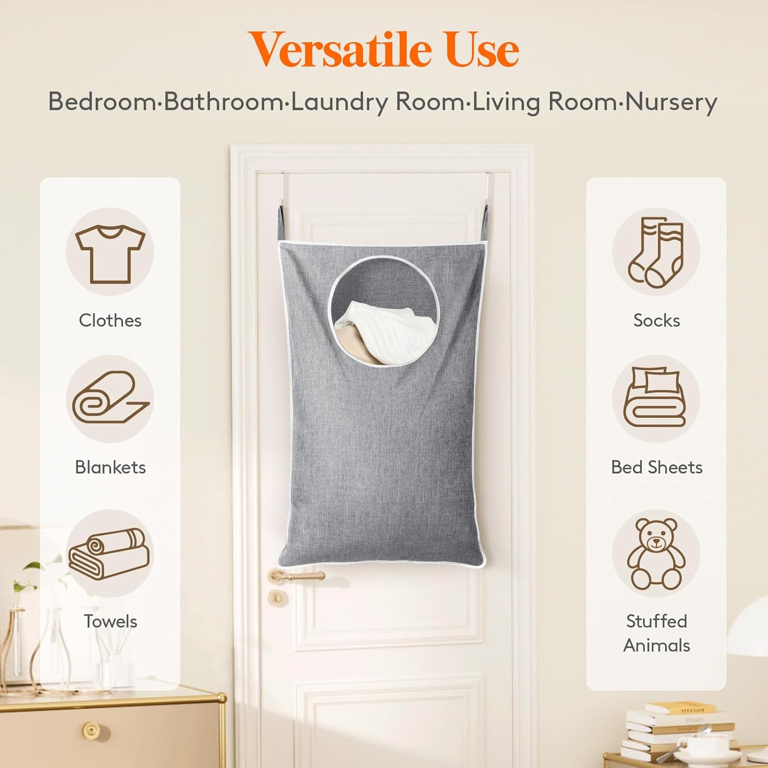 Detalle de Lifewit 24411 Hanging Laundry Hamper, Foldable, Light Grey, 92 x 57 cm