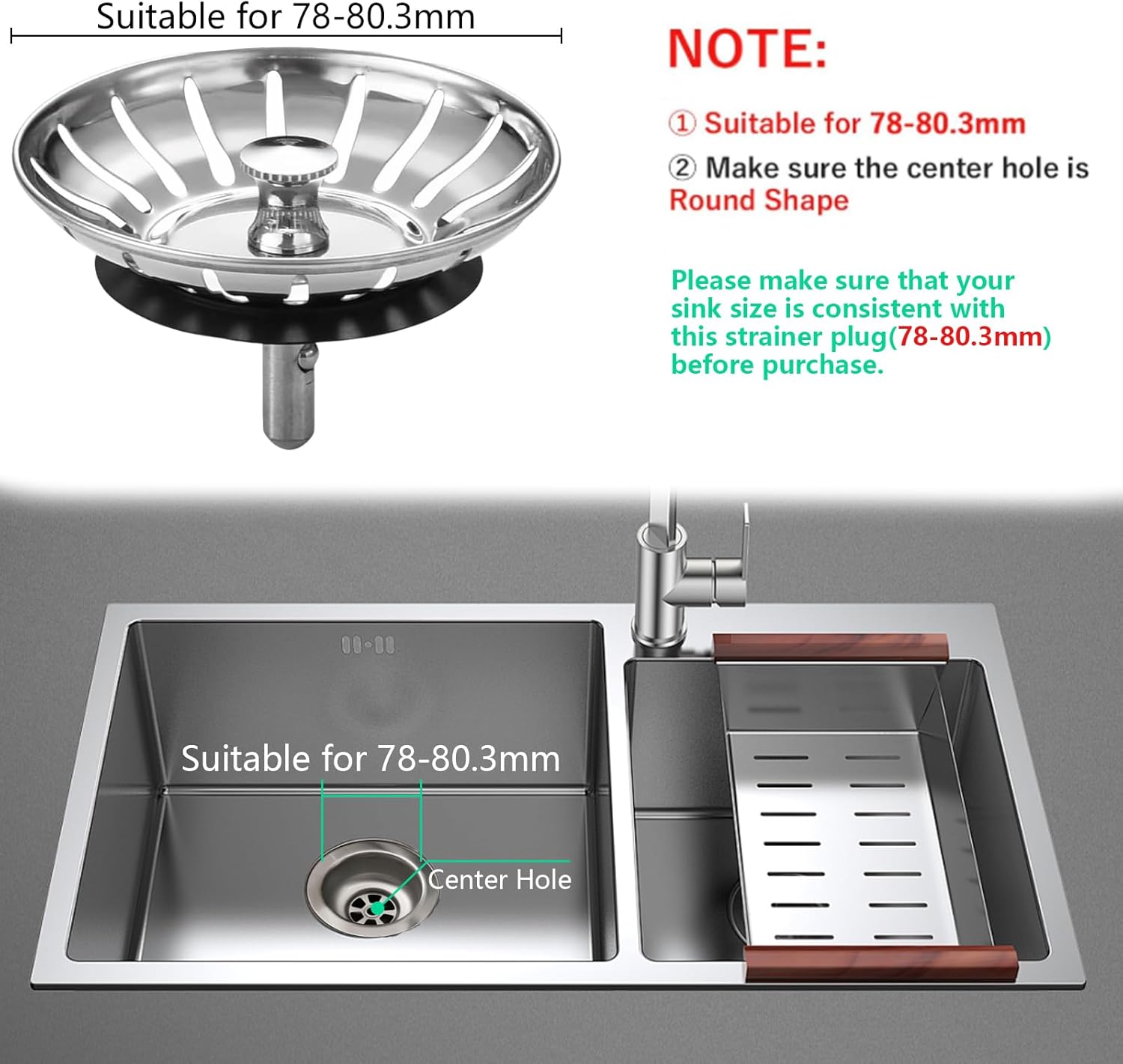 Detalle de Sink Plug Strainer, 78mm Stainless Steel Sink Stopper and Filter – Dual Function with Fine Mesh