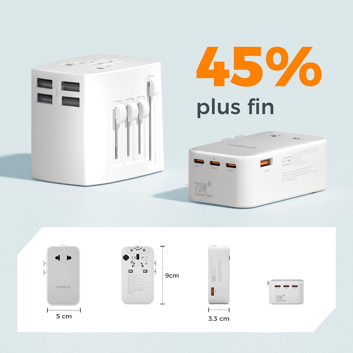 Detalle de TESSAN Adaptateur Prise Universelle PD 70W – 5 en 1, Compact et Polyvalent pour Voyage