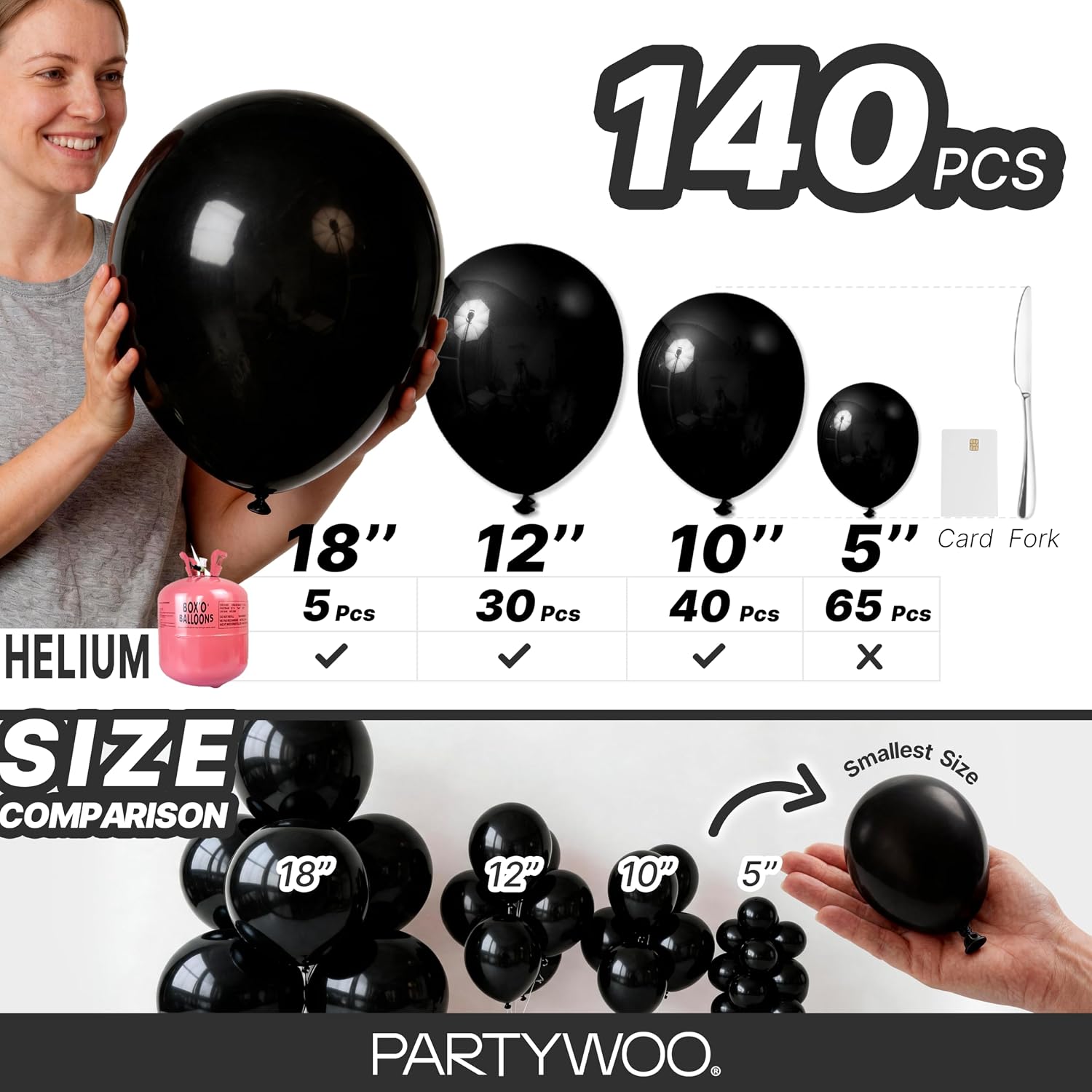 Thumbnail 5 de PartyWoo 140-Piece Black Balloon Kit (18, 12, 10, and 5 Inch) for Balloon Arches, Garlands, and Party Decor