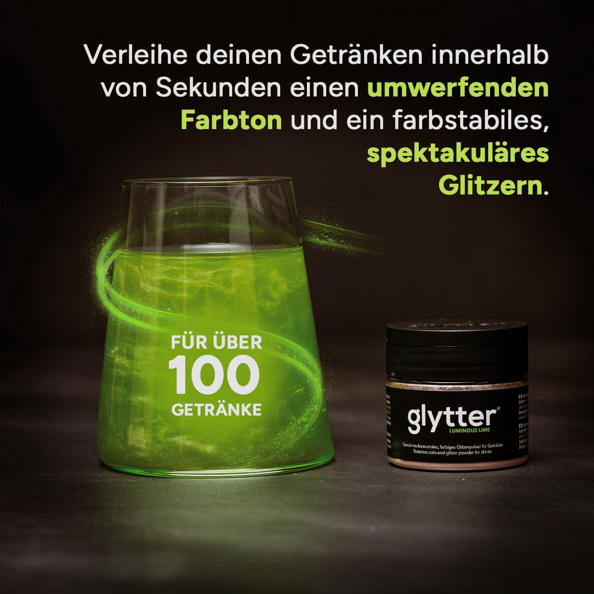 Detalle 2 de Glytter Glitzerpulver Neongrün 100 Getränke 🍹