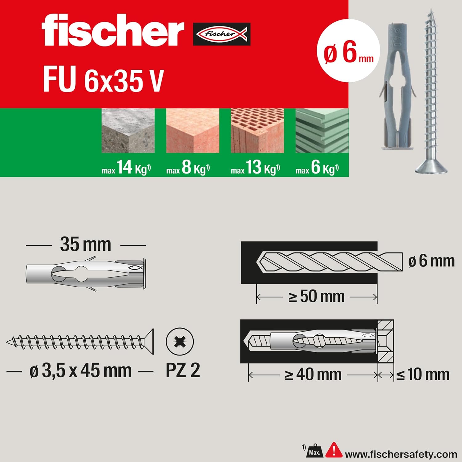 Detalle 2 de FISCHER Chevilles 25 pièces 6 x 3,5 mm (FU) pour fixation universelle