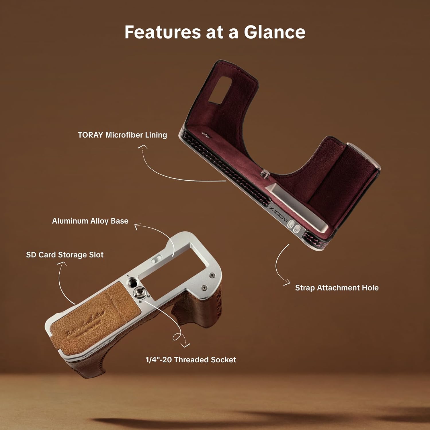 Thumbnail 6 de PGYTECH X-T5 Étui en cuir pour FUJIFILM : Demi-étui en cuir véritable fait main, base en alliage d'aluminium (Marron)