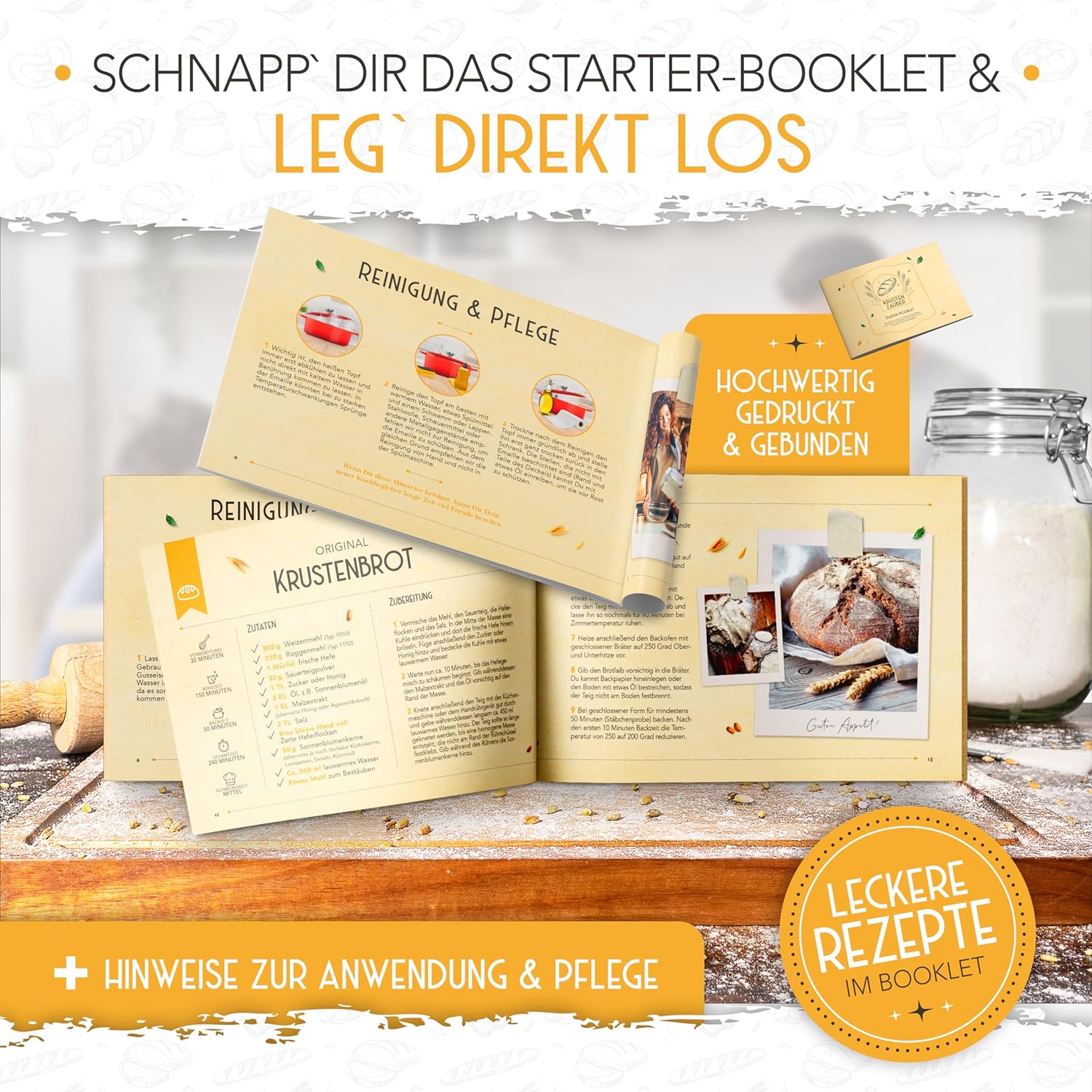 Detalle 2 de KRUSTENZAUBER Gusseisen Topf 26 cm inkl. Gärkorb – Emaille Brotbacktopf zum Brotbacken