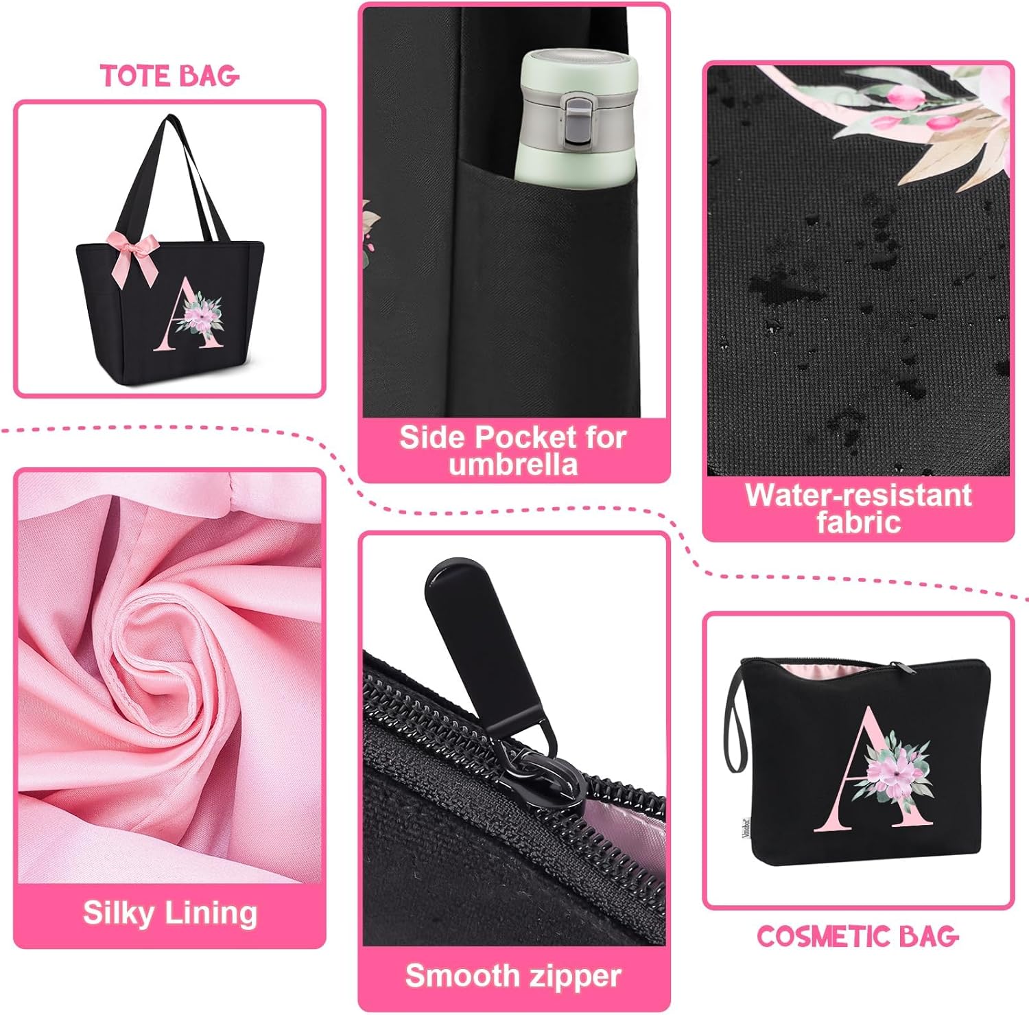 Detalle de Vavabox A-Z Initial Personalized Tote Bag: Waterproof, 46 x 17 x 30 cm, 0.24 kg – 03-Black Set (J)
