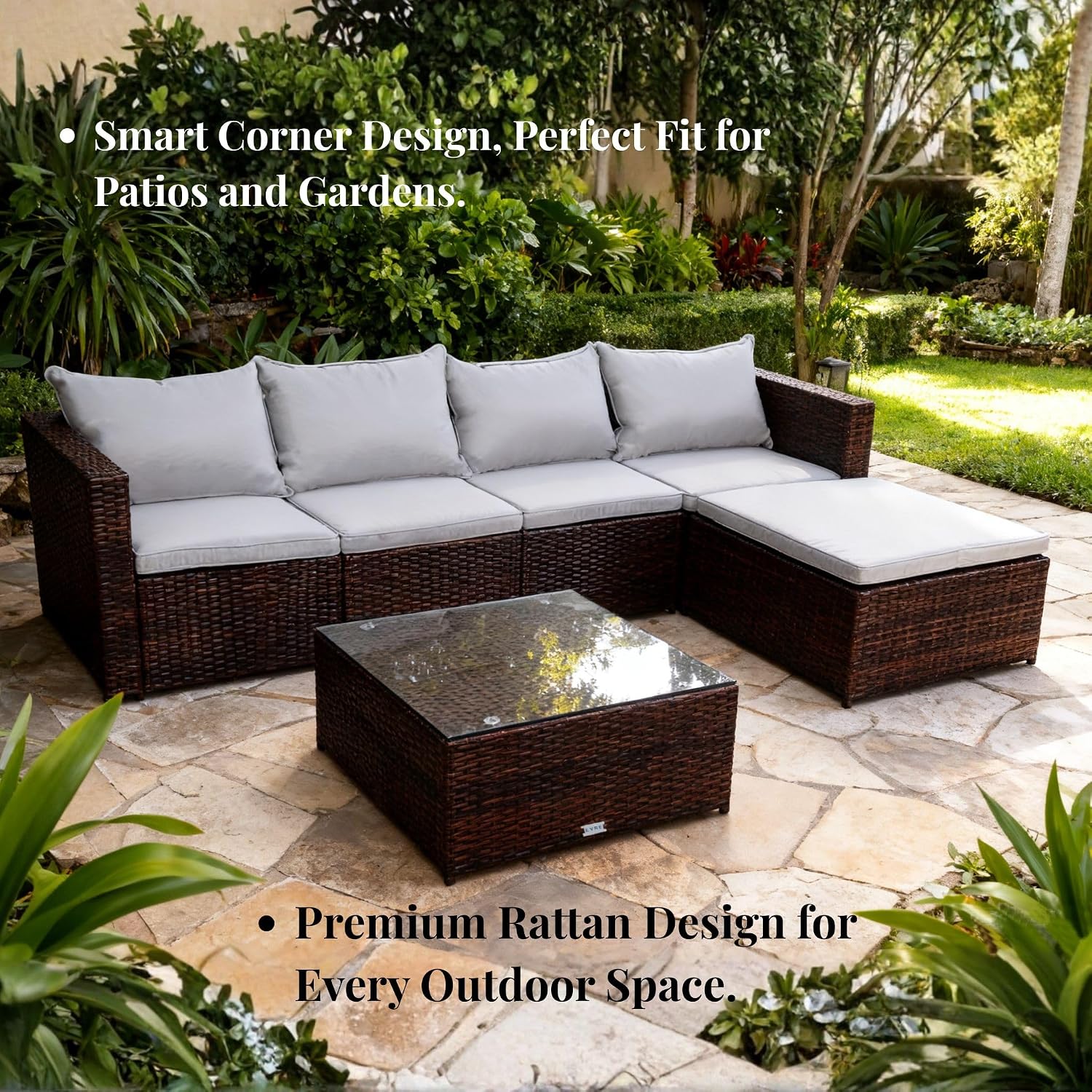 Thumbnail 4 de EVRE Miami Rattan Garden Furniture: 5‑Seat Corner Sofa Set with Glass Table and Cushions