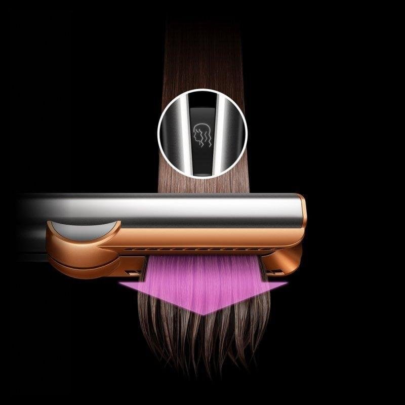 Detalle de Dyson Airstrait HT01 ámbar: plancha de pelo con vapor que alisa y seca en húmedo y seco