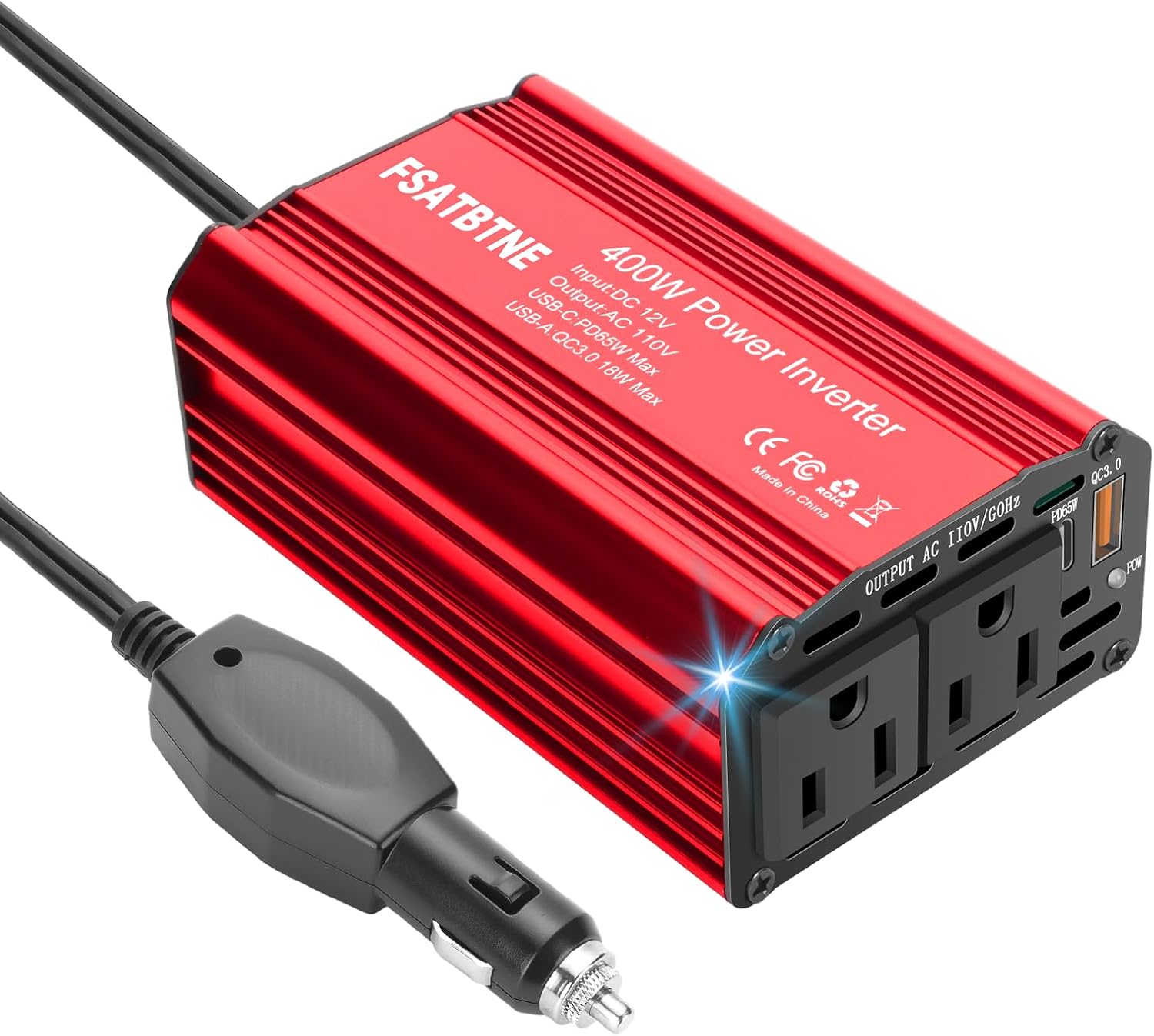 FSATBTNE 400W Power Inverter (DC 12V to 110V AC) with 65W USB-C, 18W USB-A, and 2 AC Outlets