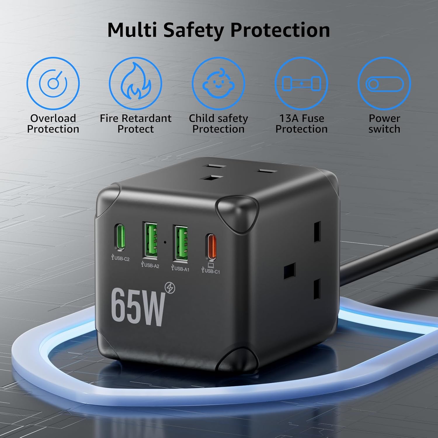 Thumbnail 4 de Cube Extension Lead with USB C Slots (PD65W), 3 Way UK Plug, 3m Cable, 2 USB‑A & 2 USB‑C Ports