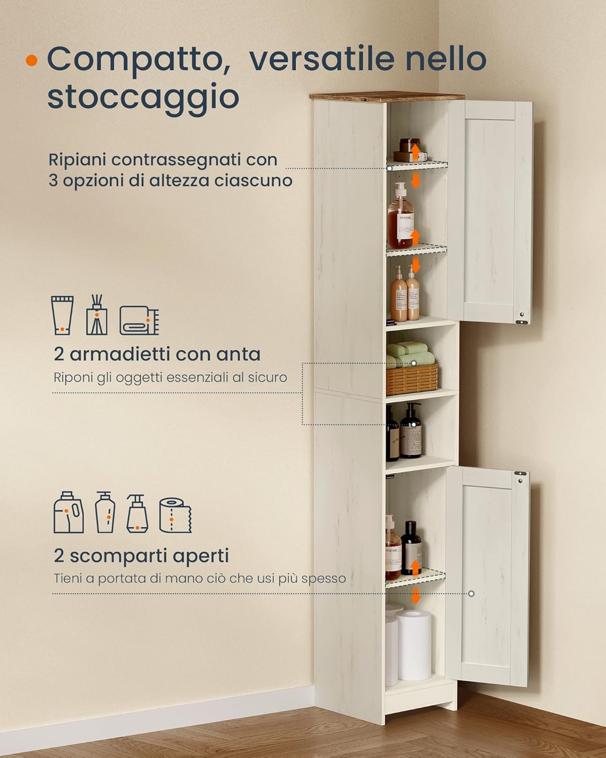 Detalle de SONGMICS HOME Mobiletto da Bagno Stretto BBC667WJ01: montaggio toolless, design compatto e stile farmhouse moderno