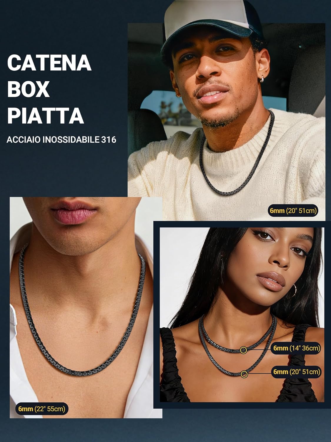Thumbnail 6 de PROSTEEL Uomo Collana Catena Scatola Piatta Grande Robusta Sottile 4–6 mm, acciaio inox 316L con confezione regalo