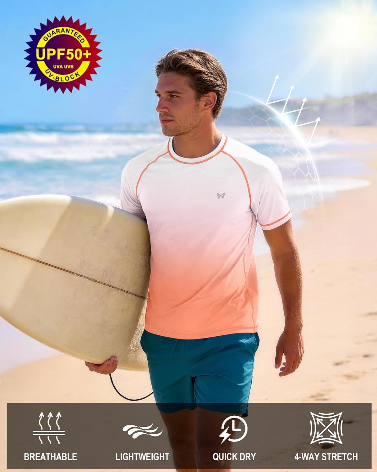 Detalle de WISMBOX Men's Short Sleeve Rash Vest with UPF 50+ – Quick Dry UV Swim Top