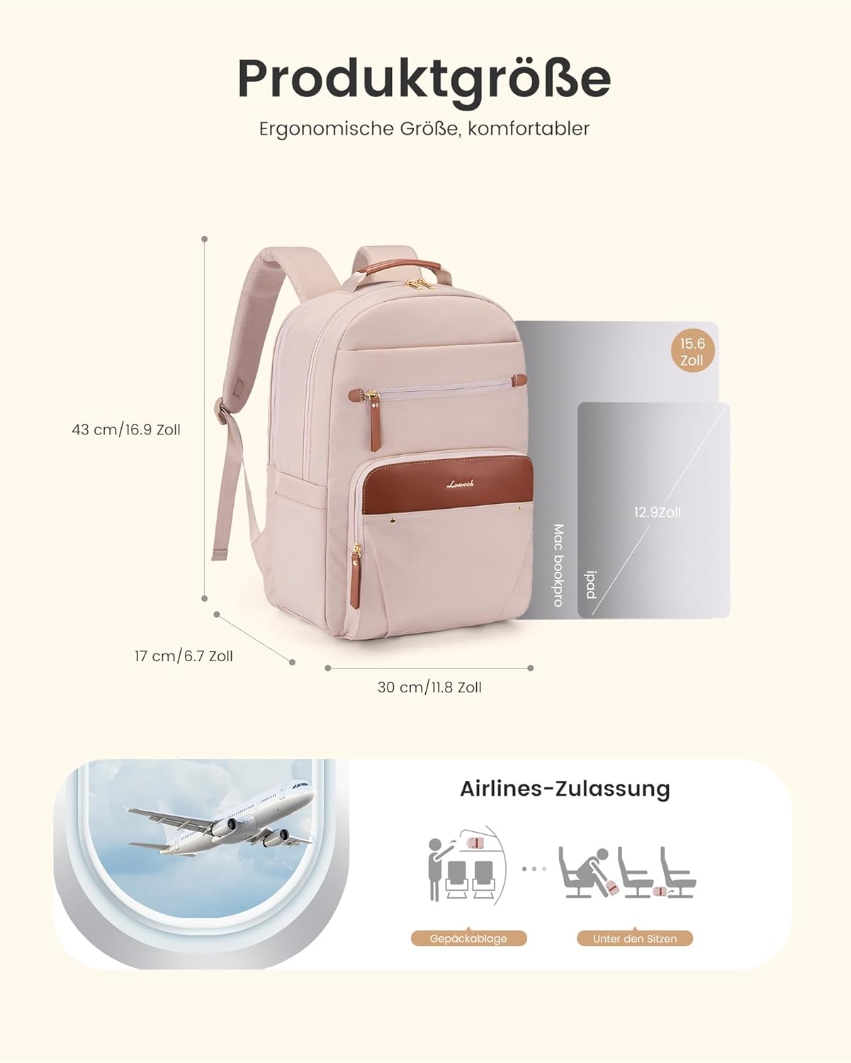 Detalle de LOVEVOOK Damen-Rucksack wasserdicht für 15,6‑Zoll Laptop (22 L, 14 Fächer)