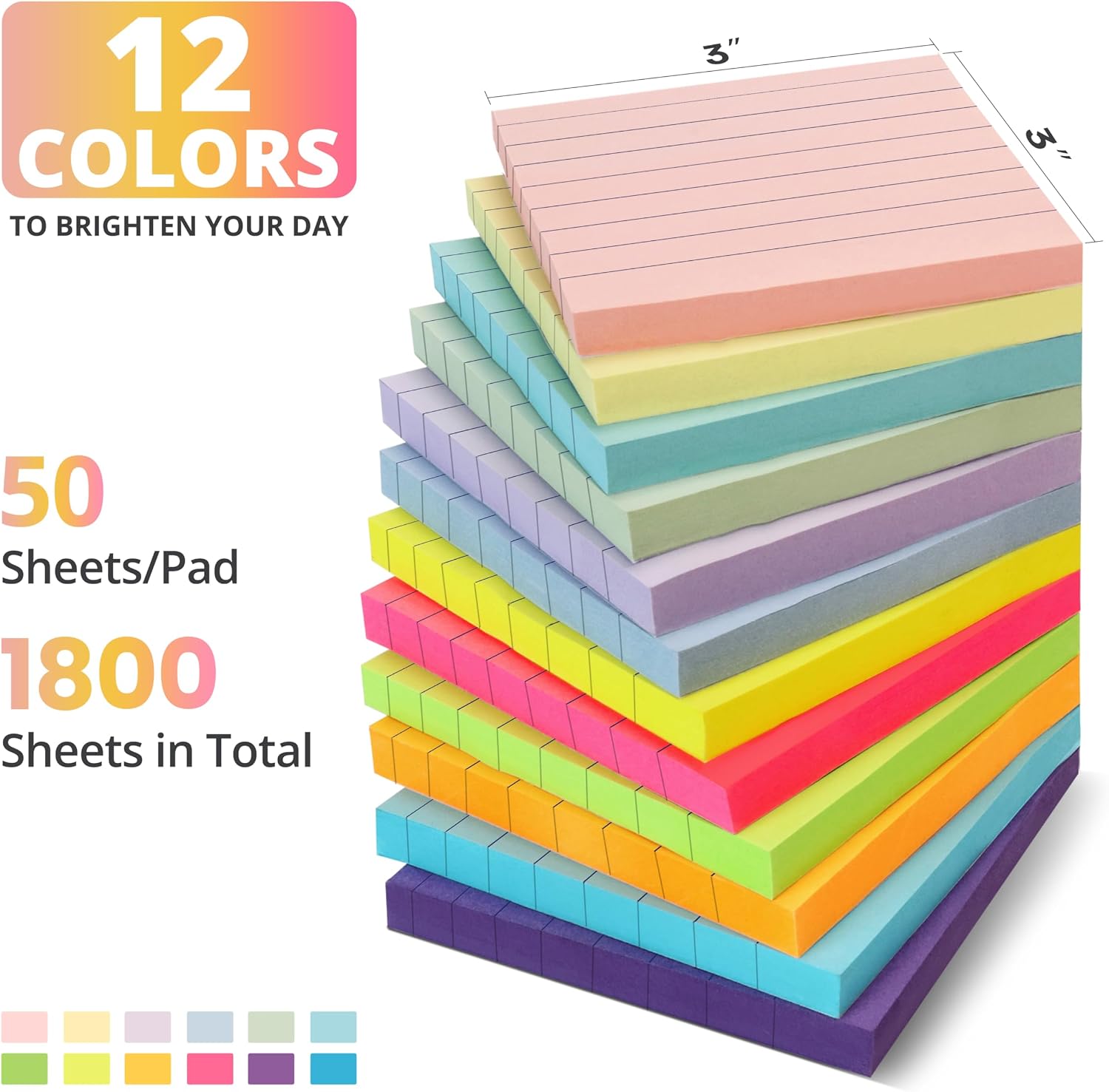 Thumbnail 1 de Taja Lined Sticky Notes, 3 x 3 Inches, 36 Pads, Bright