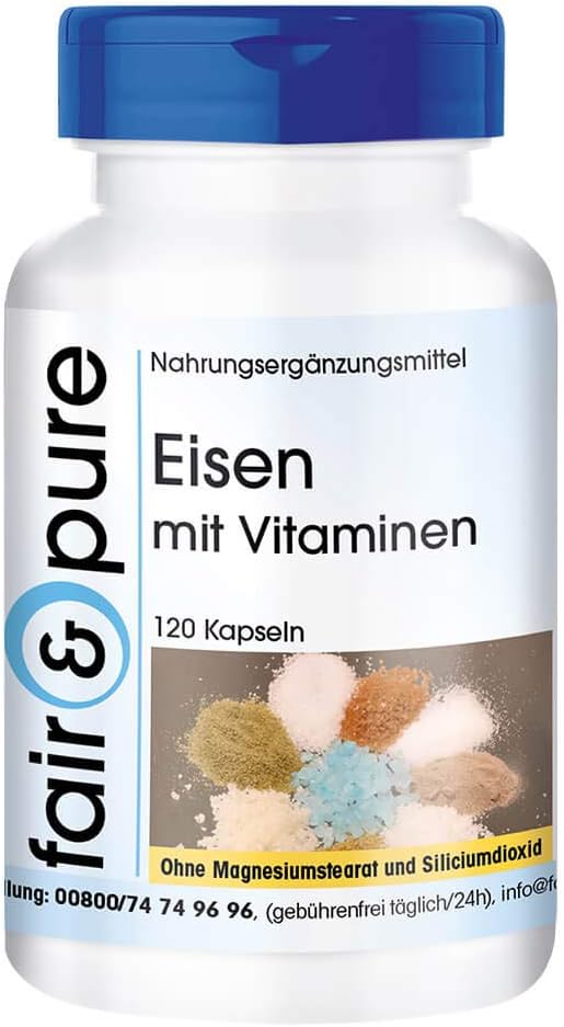 Detalle de Fair & Pure Eisen mit Vitaminen, 120 Kapseln – schluckfreundlich, vegan, hergestellt in Deutschland