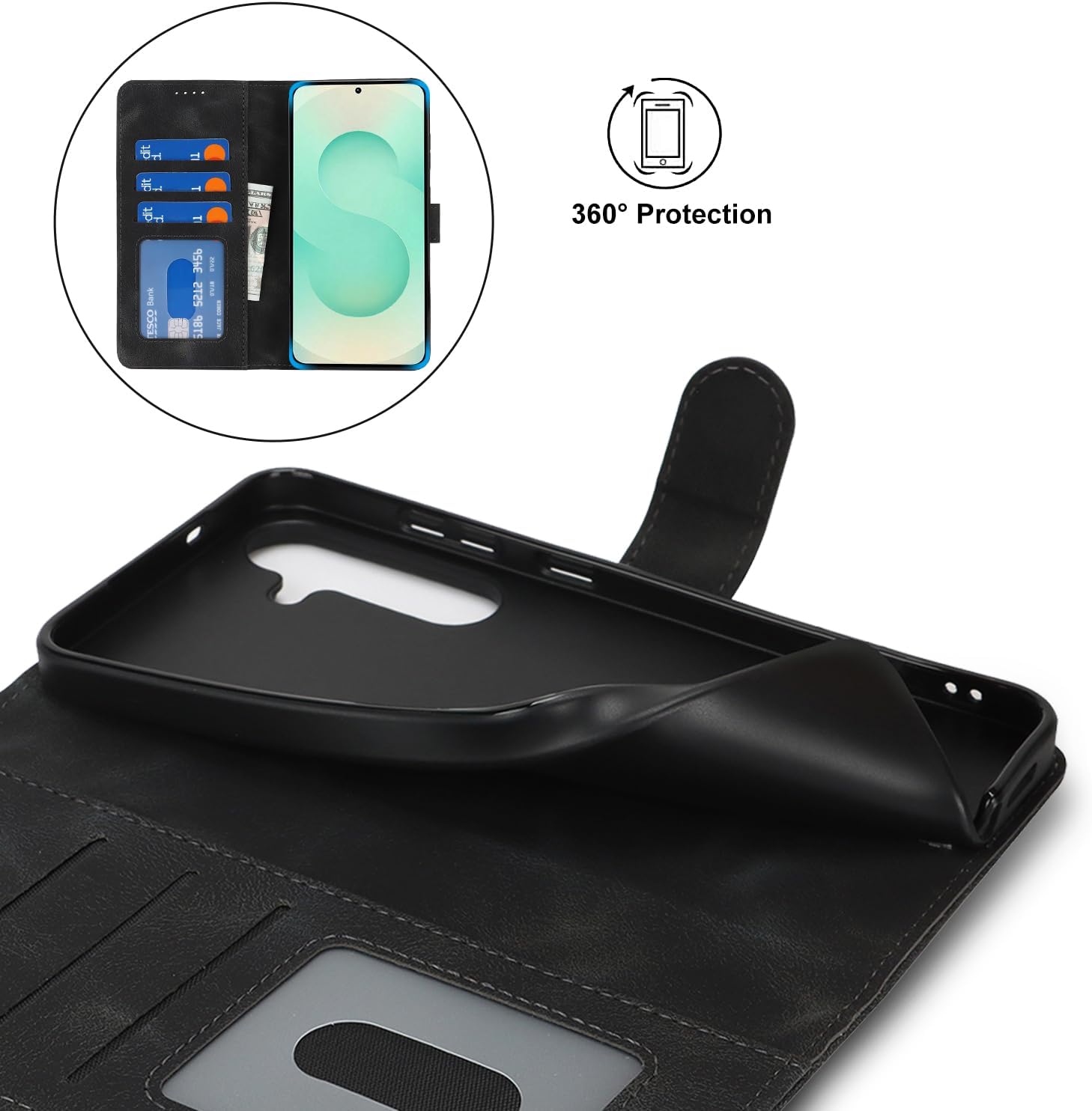 Thumbnail 6 de Zouzt Hülle für Samsung Galaxy S25 Plus – Stoßfeste PU-Leder Klapphülle mit Kartenhalter und Standfunktion (Vintage Schwarz)