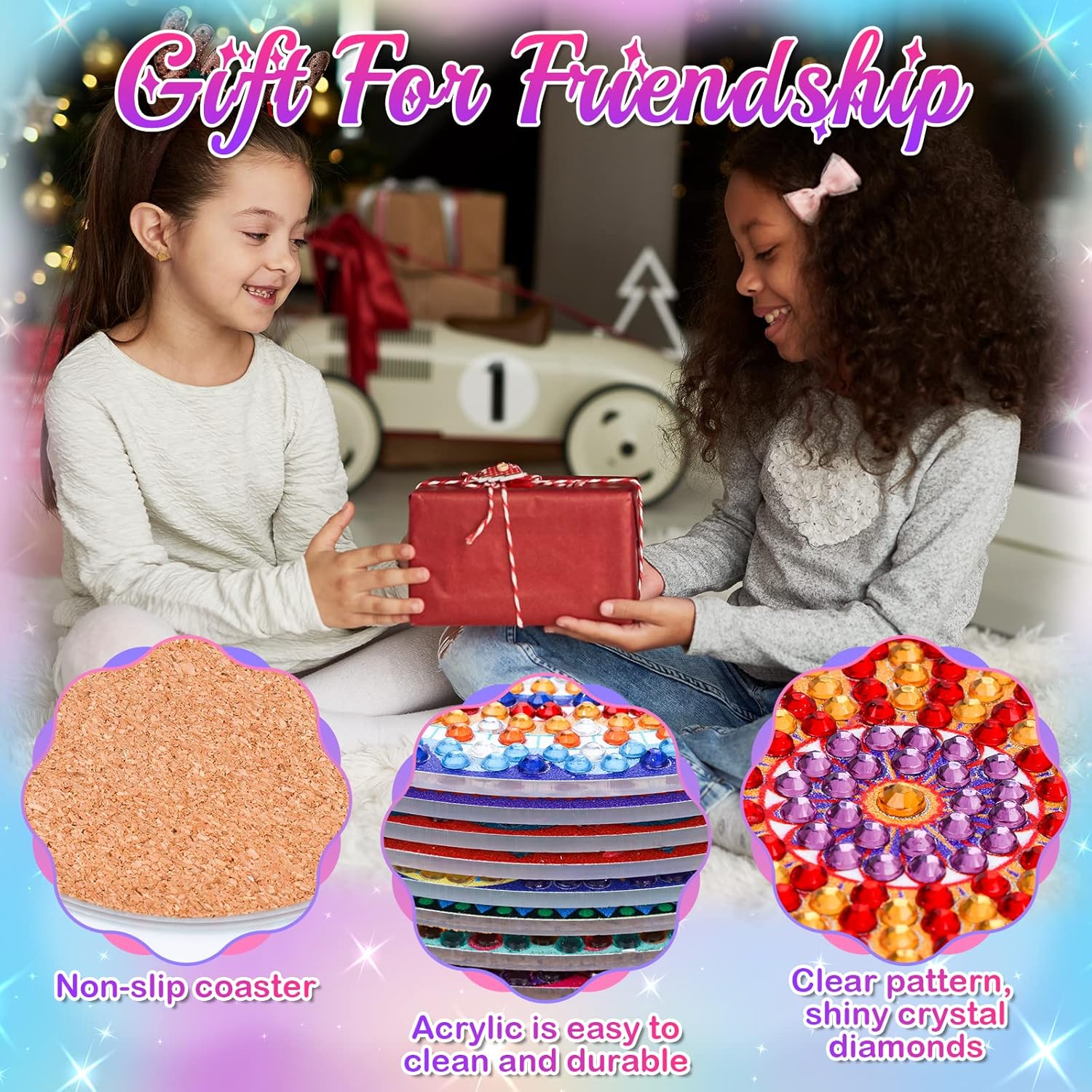 Detalle de Bastelset Geschenk für Mädchen (8–12 Jahre): Diamond Painting Untersetzer mit 8 Motiven