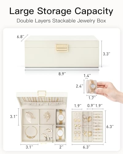 Detalle de VLANDO Caja de Joyería 2 Capas Grande: Organizador Multifuncional en Cremas y Reloj