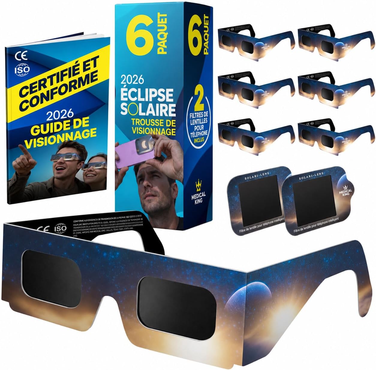 Lunettes Eclipse Solaire 2026 – Lot de 6 Paires Premium avec 2 Filtres pour Smartphone