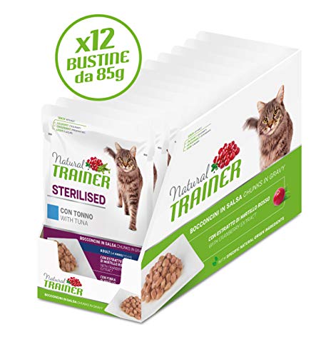Detalle de Natural Trainer Sterilised Adult Cibo Umido per Gatti con Tonno e Fibra di Pisello, 12 buste x 85 g (1020 g)